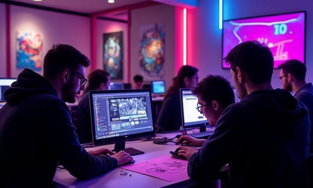 Team members collaborating during a lively game jam session