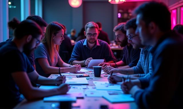 Group of diverse developers brainstorming during a 48-hour game jam