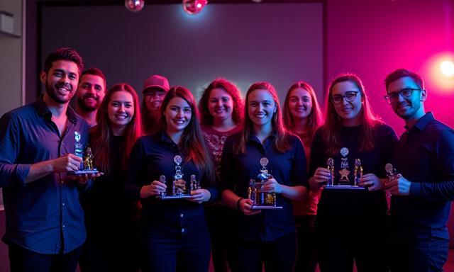 Studio celebration with gaming awards and team photos