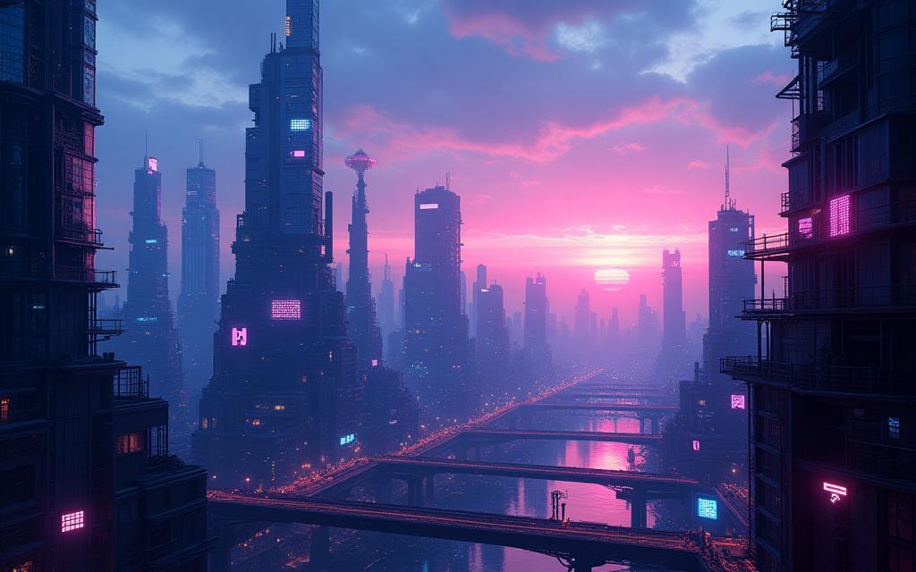 CyberQuest project hero art showing futuristic cityscape at dusk