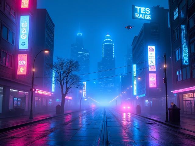 Screenshot of CyberQuest game environment with neon-lit futuristic cityscape