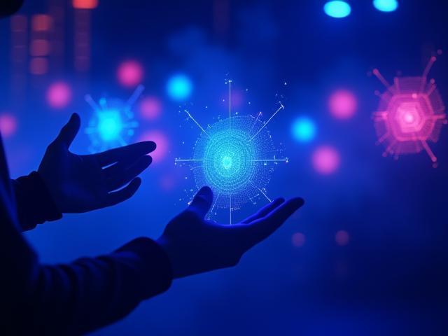 Immersive VR experience showing futuristic interface and neon holograms